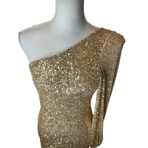 Betsy Johnson Gold Sequin Off Shoulder Evening Dress Women's Sz M Holiday NWT - Picture 5 of 6